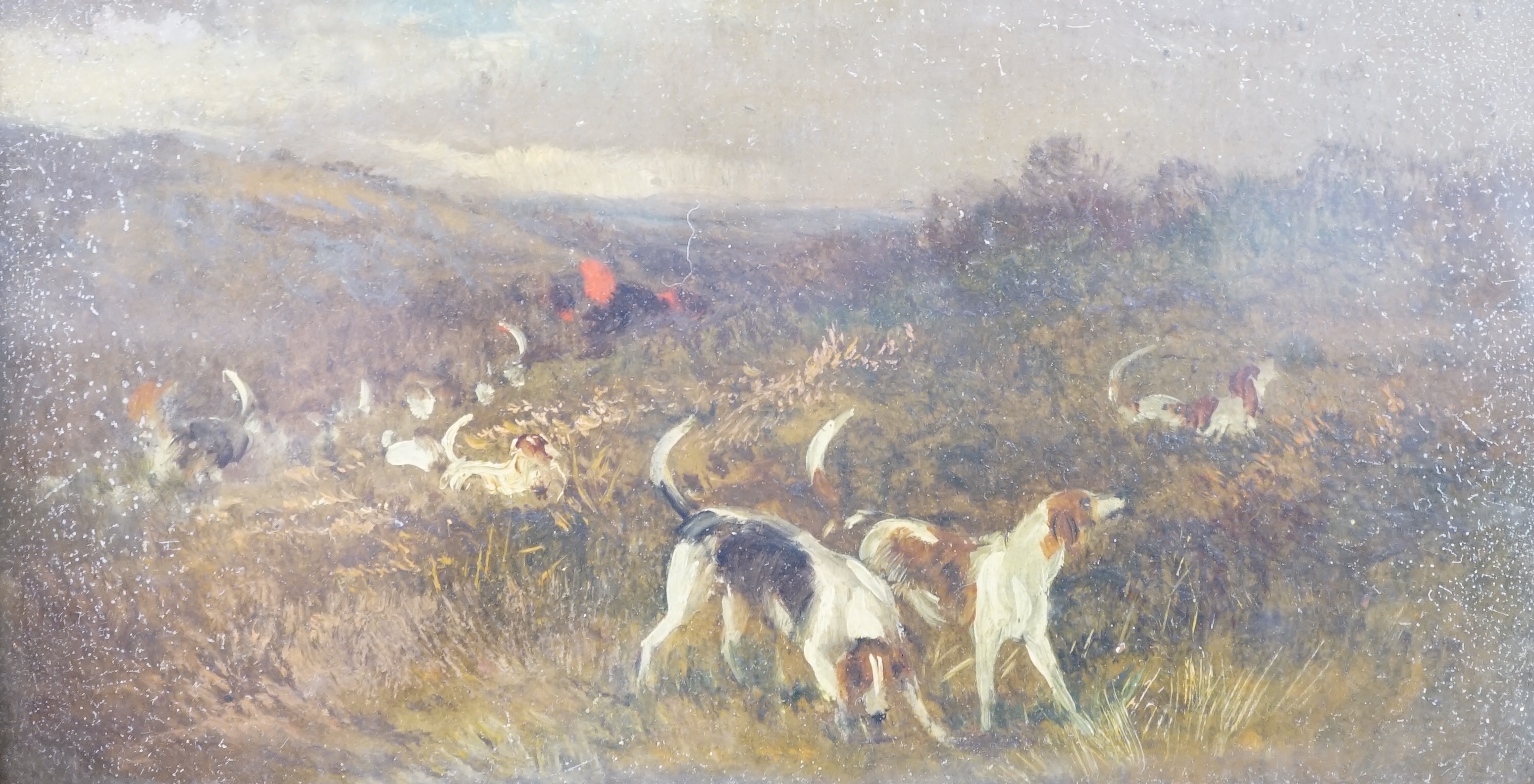 19th century, two oils on board, Hunting hounds in a landscape and Rocky landscape, largest 14.5 x 26cm, each gilt framed. Condition - fair